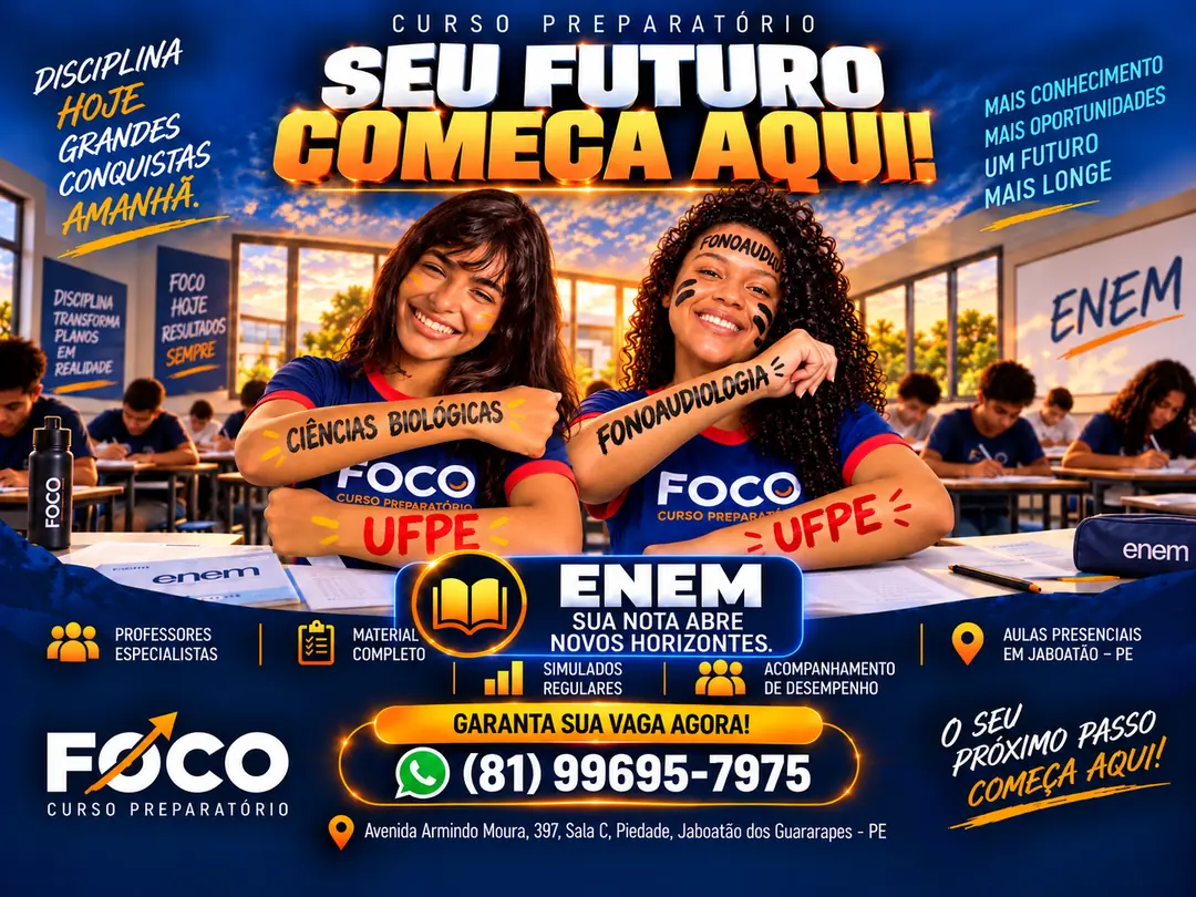 Arte do Enem do Foco: duas alunas sorrindo com a camisa do curso, aprovadas na UFPE em Ciências Biológicas e Fonoaudiologia