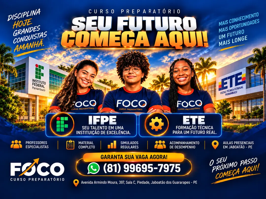 Arte do IFPE e da ETE do Foco: três alunos com a camisa do curso diante dos prédios do IFPE e da ETE