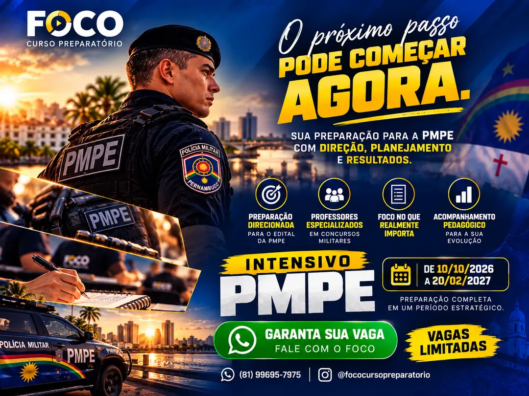 Arte do Intensivo PMPE do Foco: policial militar de boina preta, de 10/10/2026 a 20/02/2027, vagas limitadas.